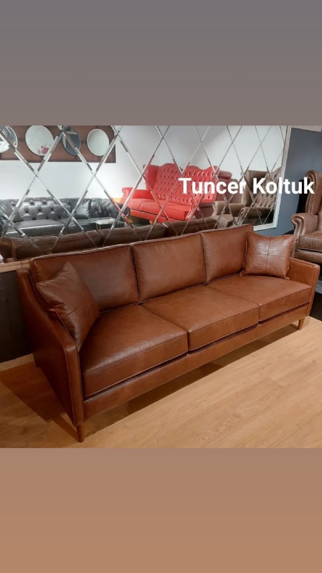 Kahve Rengi Deri Koltuk Özel Ölçü Hakiki Deri Modern Üçlü Kanepe Model