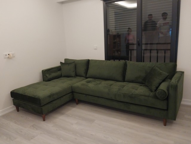 Köşe Koltuk Modelleri Modern Sol Taraf Köşe Yeşil Renk Kadife Kumaş