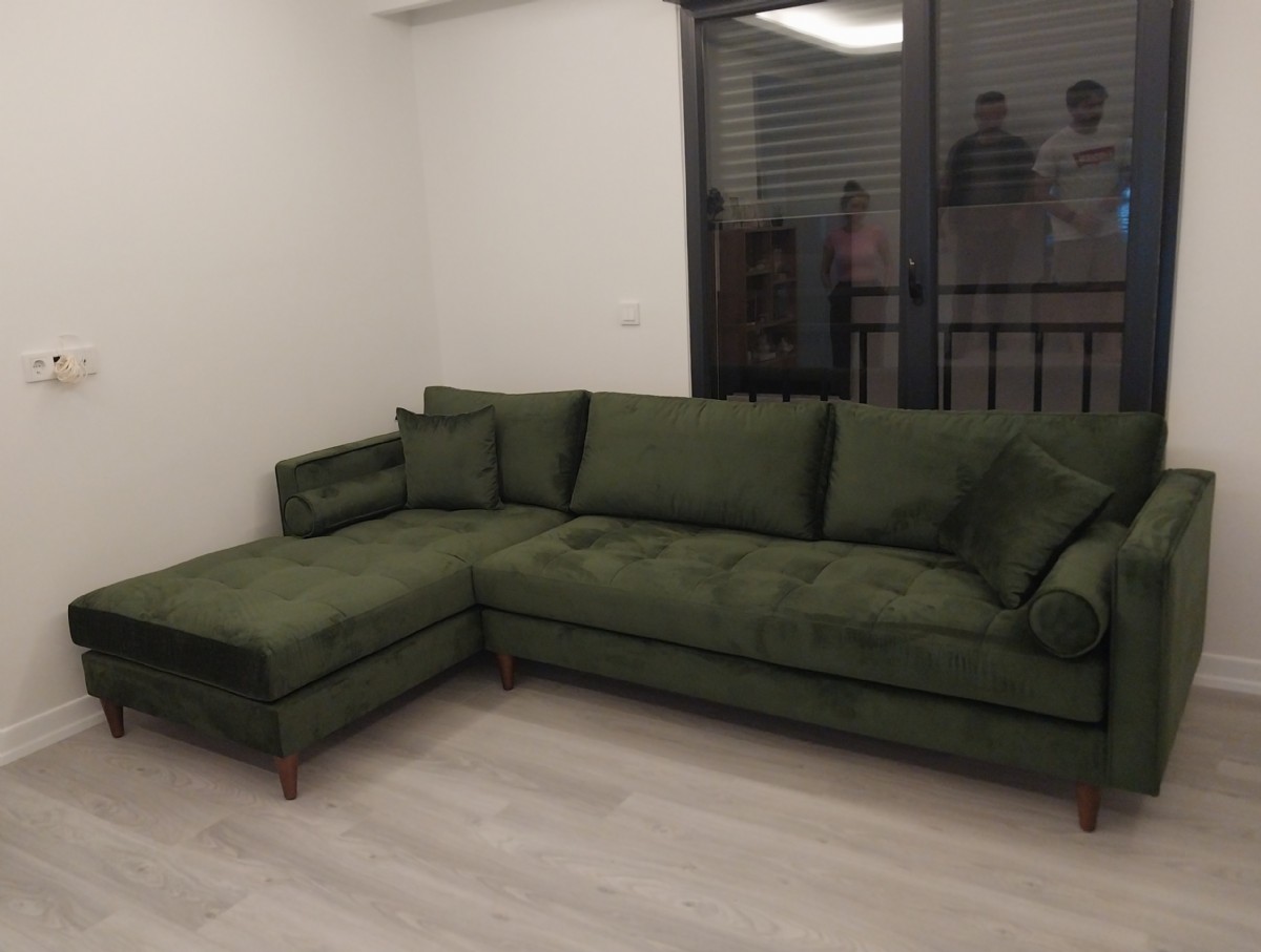 Köşe Koltuk Modelleri Modern Sol Taraf Köşe Yeşil Renk Kadife Kumaş