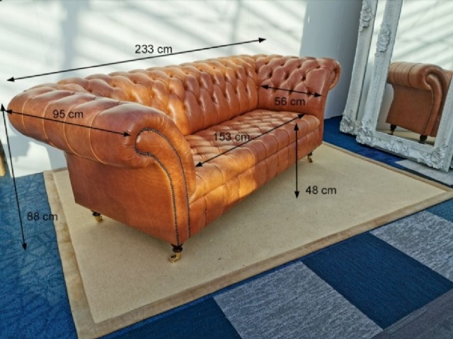 Vintage Deri Kanepe Taba Üçlü Deri Chesterfield Koltuk
