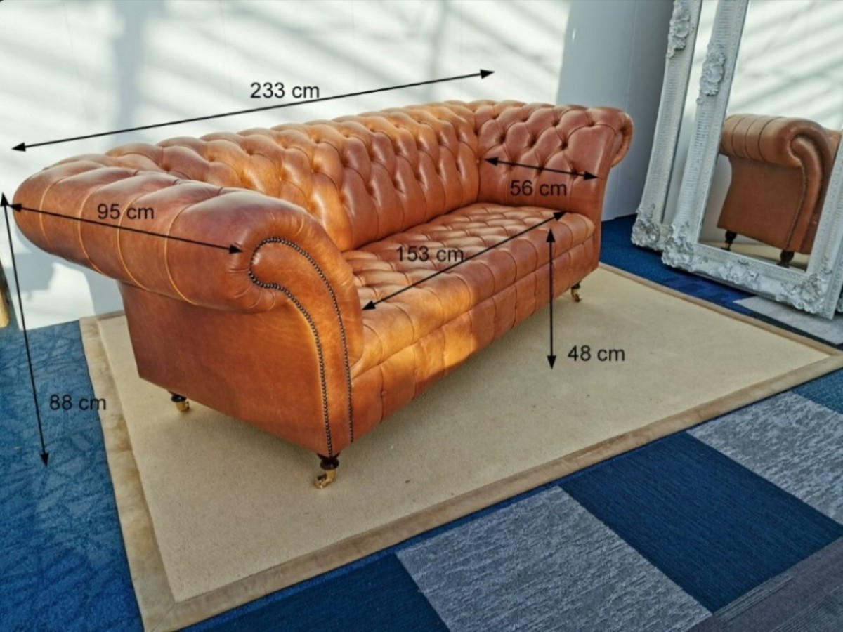 Vintage Deri Kanepe Taba Üçlü Deri Chesterfield Koltuk