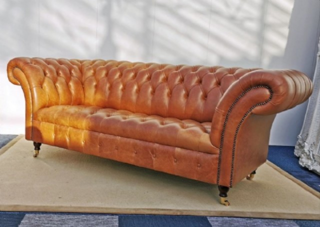 Vintage Deri Kanepe Taba Üçlü Deri Chesterfield Koltuk