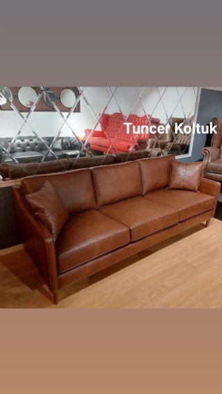 Kahve Rengi Deri Koltuk Özel Ölçü Hakiki Deri Modern Üçlü Kanepe Model