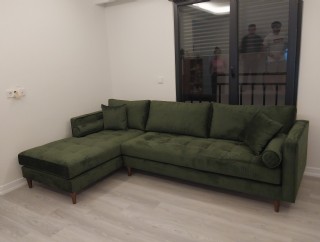 Köşe Koltuk Modelleri Modern Sol Taraf Köşe Yeşil Renk Kadife Kumaş