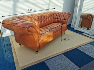 Vintage Deri Kanepe Taba Üçlü Deri Chesterfield Koltuk